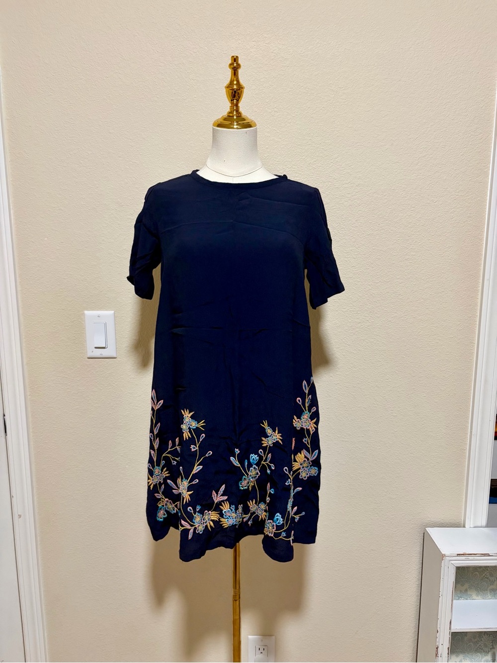 LOFT Navy Mini Dress with Multicolor Floral & Bird Embroidery